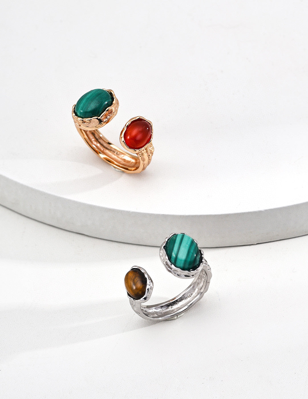 Verdant Ember Red agate meets green malachite earrings and ring
