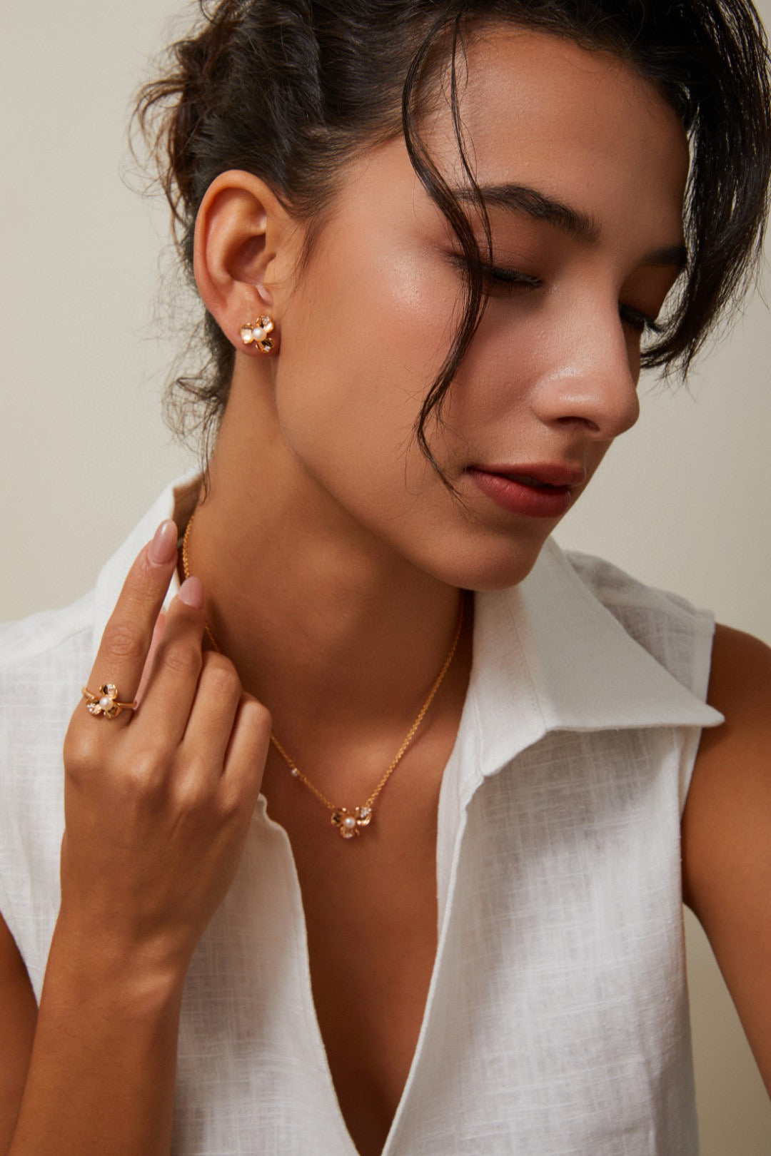 Pearl Blossom necklace earrings and ring