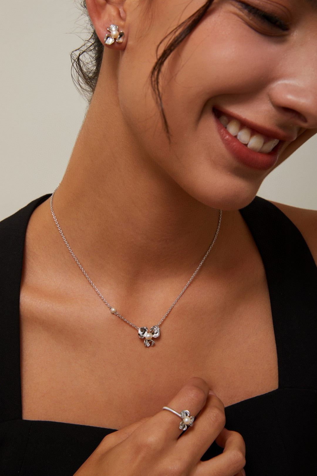 Pearl Blossom necklace earrings and ring
