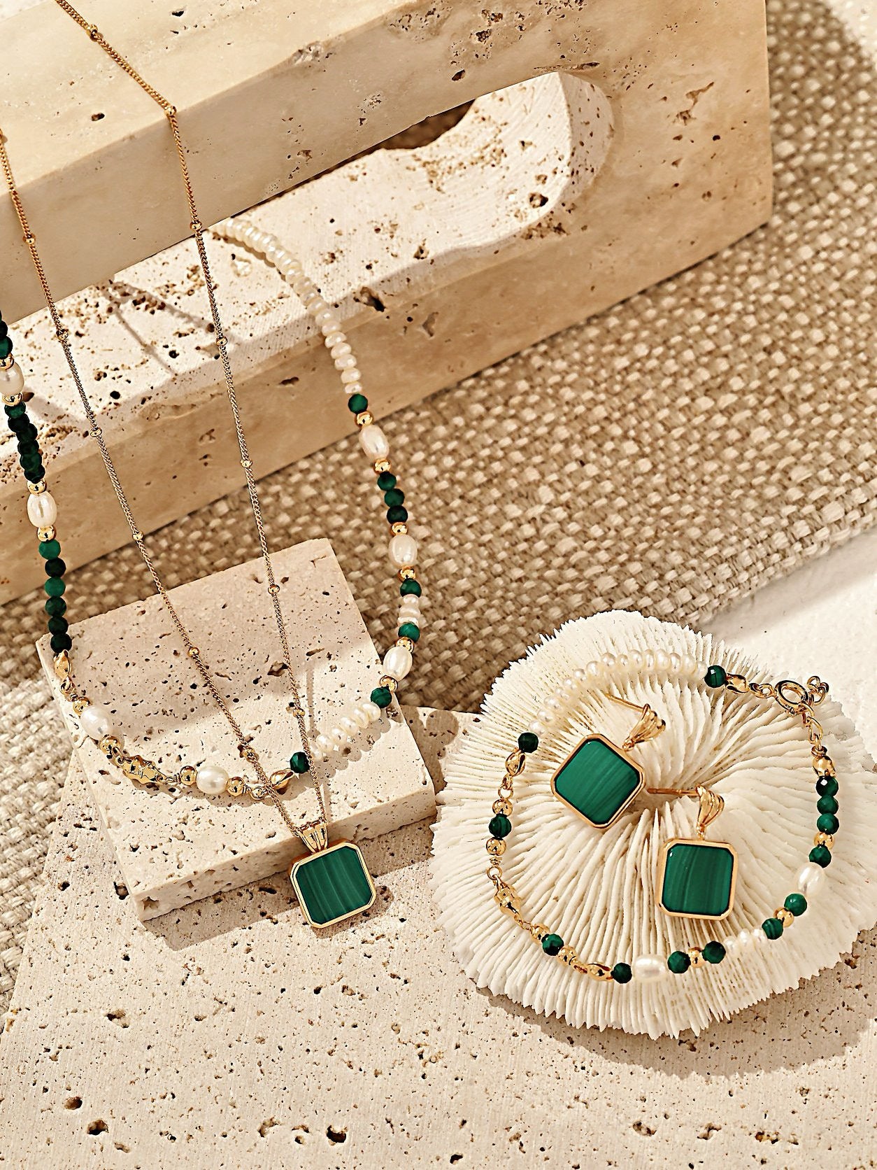 Malachite Square Pendant Set