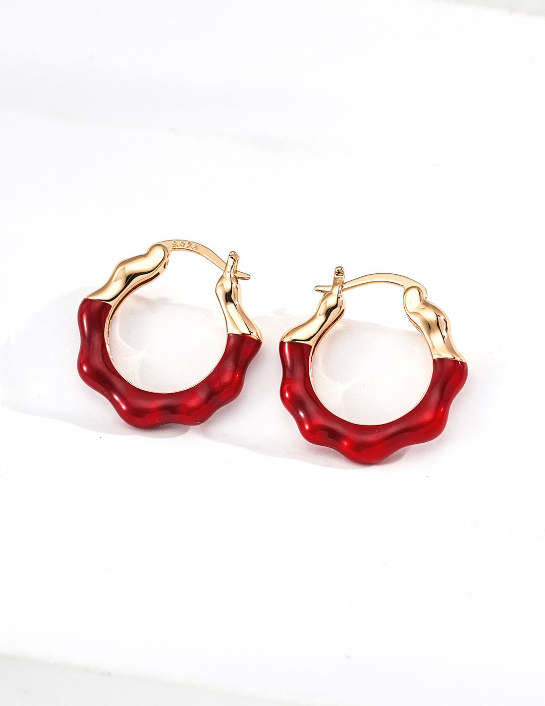 S925 Silver Red Glaze & Pearl White Hoop Earrings