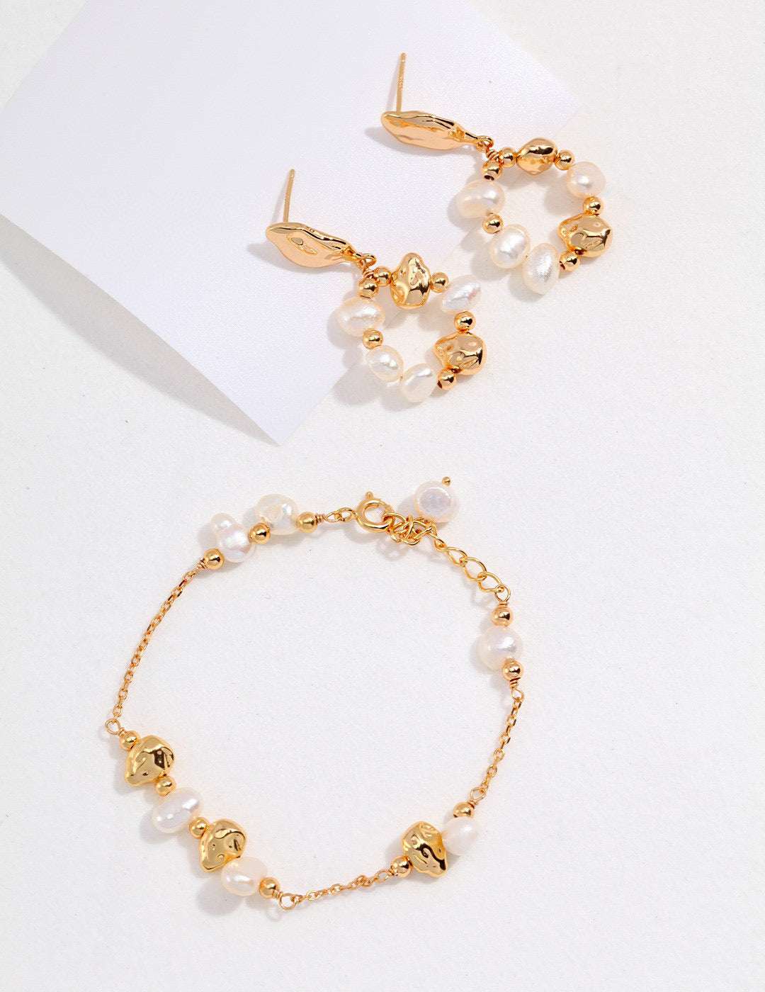Golden Bloom Natural Pearl & S925 Silver earrings, bracelet and necklace