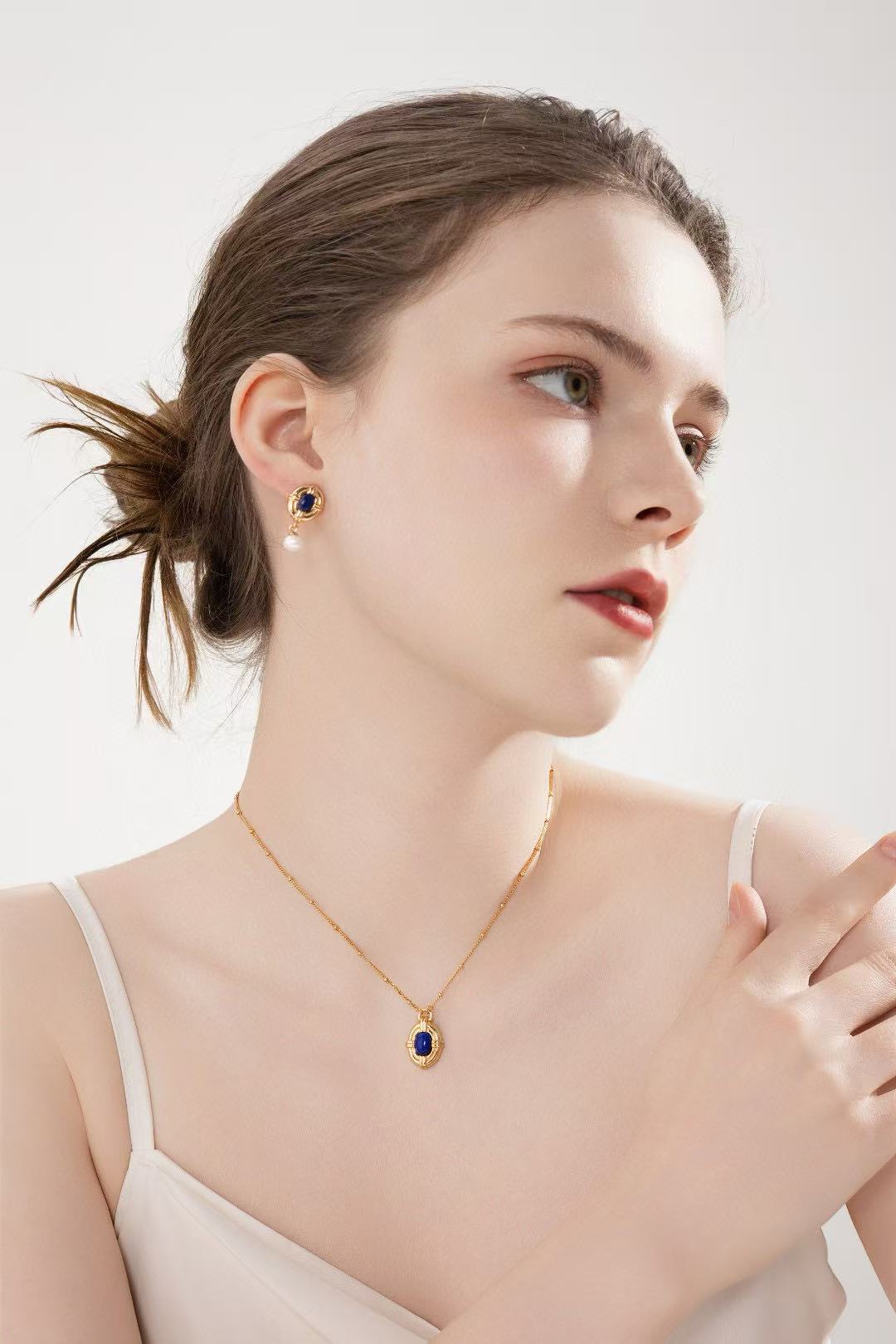 S925 Silver gold plated/Vintage blue Lapis Lazuli/Freshwater Pearl Earrings, necklace