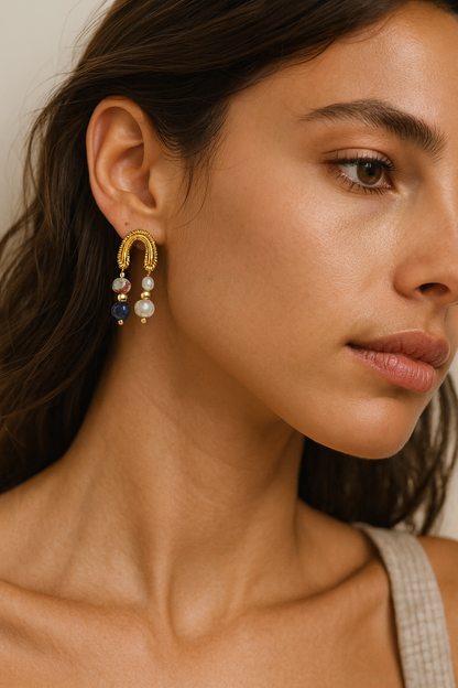 Vintage Gold Gemstone & Pearl Drop Earrings