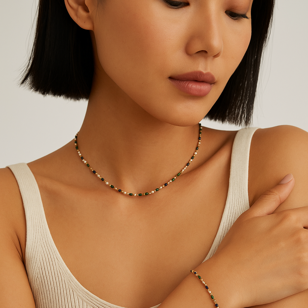 Vintage Pearl & Lapis Olive Bead Set