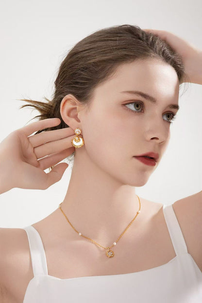 S925 Silver/ gold plated Necklace (Adjustable Length)/Faux Mother-of-Pearl/Zircon Pendant,earrings                           S