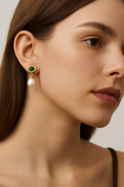 Vintage Malachite & Pearl Drop Earrings