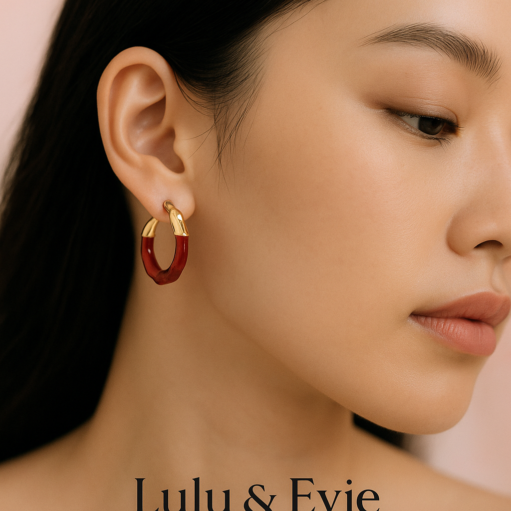 S925 Silver Red Glaze & Pearl White Hoop Earrings