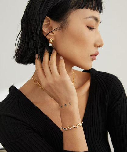 S925 silver ripple half circle and natural pearl earrings