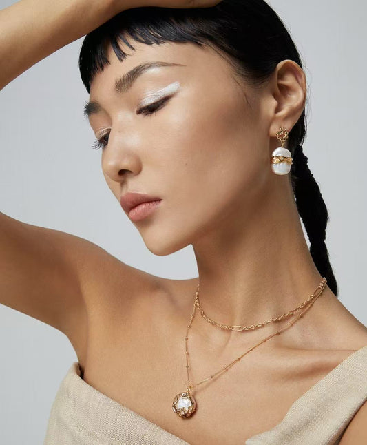 S925 Silver/gold plate/Baroque shaped pearls earrings, necklace