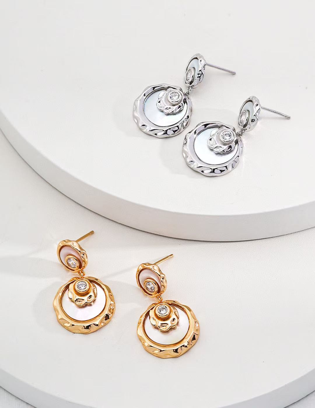 S925 Silver/ gold plated Necklace (Adjustable Length)/Faux Mother-of-Pearl/Zircon Pendant,earrings                           S