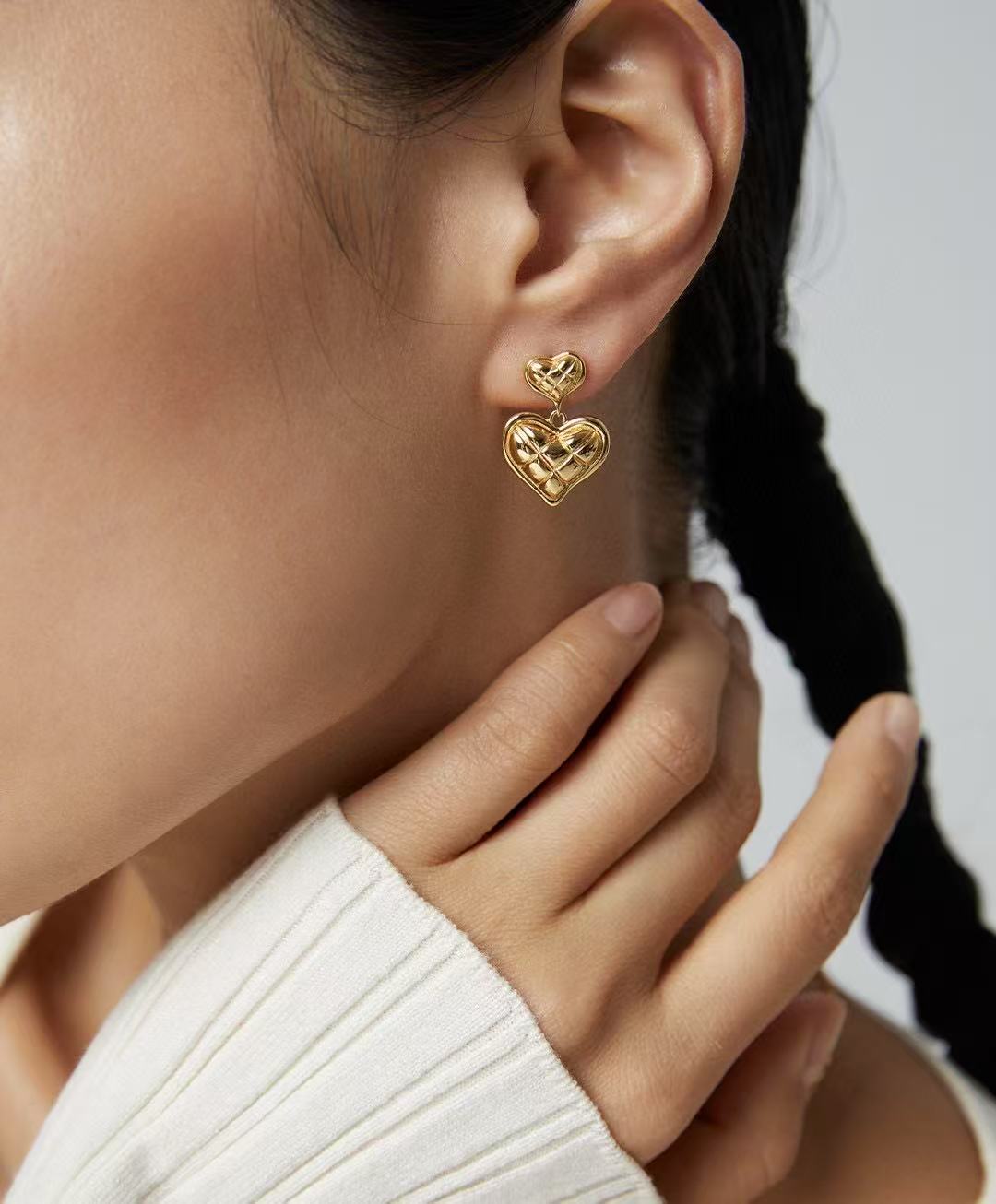 S925 Silver/gold plated/Double Heart Pendant Earrings