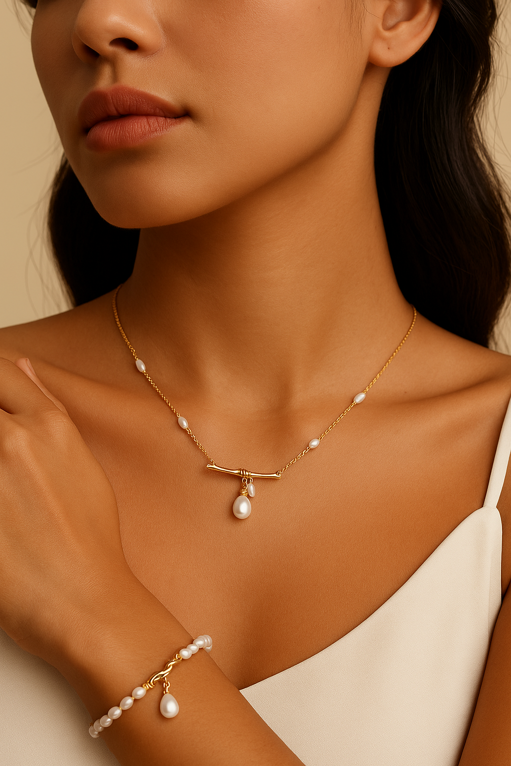 Golden Branch Pearl Necklace & Bracelet Set — Timeless Natural Beauty