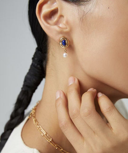 S925 Silver gold plated/Vintage blue Lapis Lazuli/Freshwater Pearl Earrings, necklace