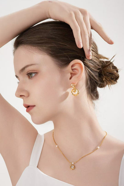 S925 Silver/ gold plated Necklace (Adjustable Length)/Faux Mother-of-Pearl/Zircon Pendant,earrings                           S