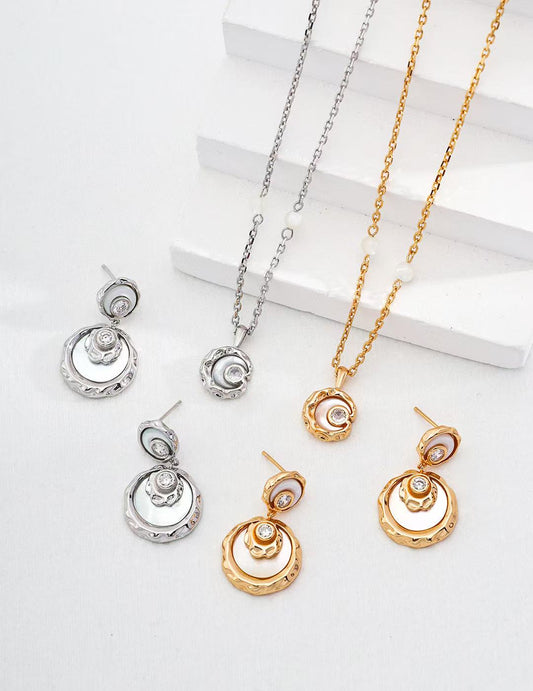 S925 Silver/ gold plated Necklace (Adjustable Length)/Faux Mother-of-Pearl/Zircon Pendant,earrings                           S