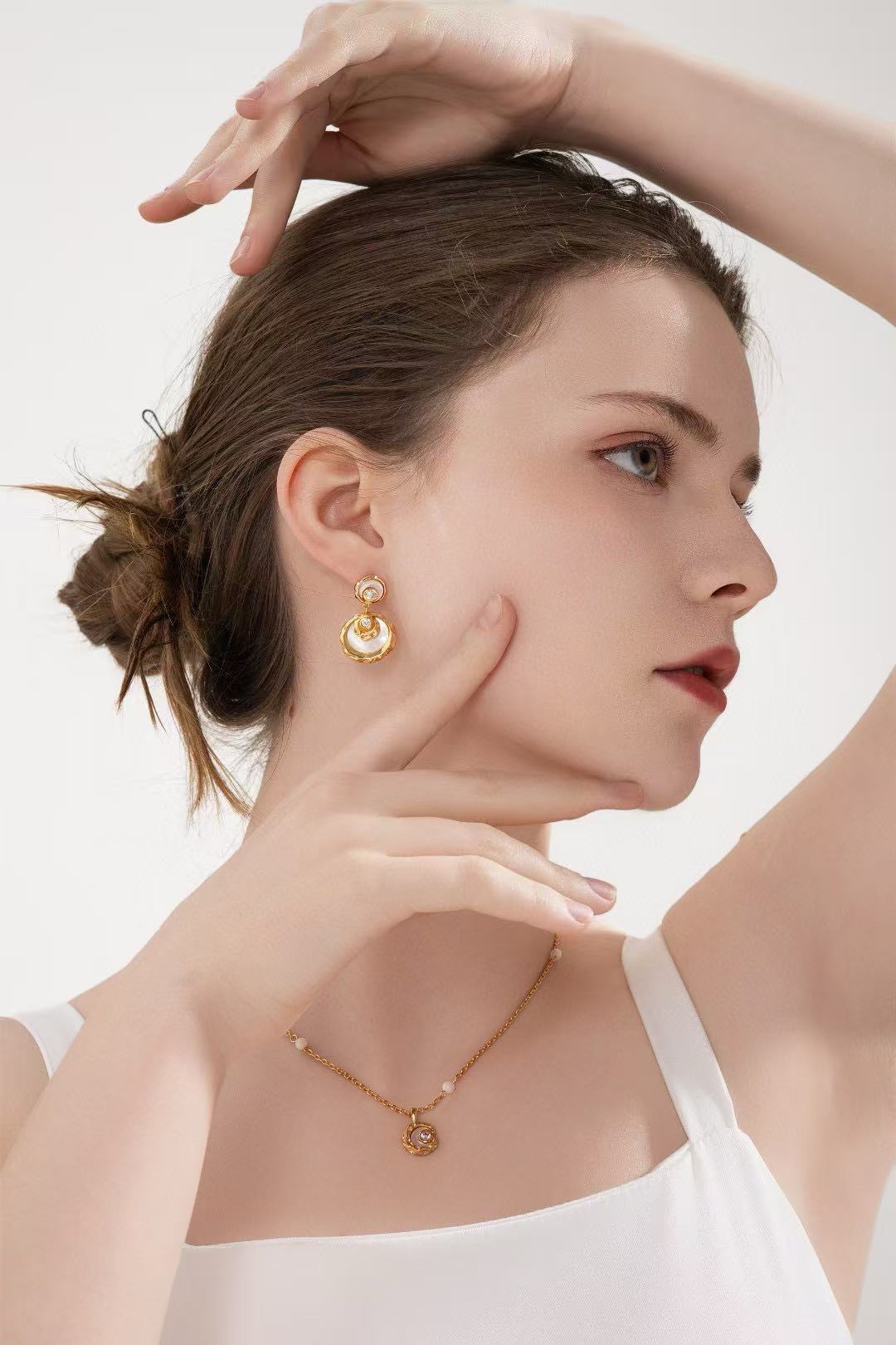 S925 Silver/ gold plated Necklace (Adjustable Length)/Faux Mother-of-Pearl/Zircon Pendant,earrings                           S