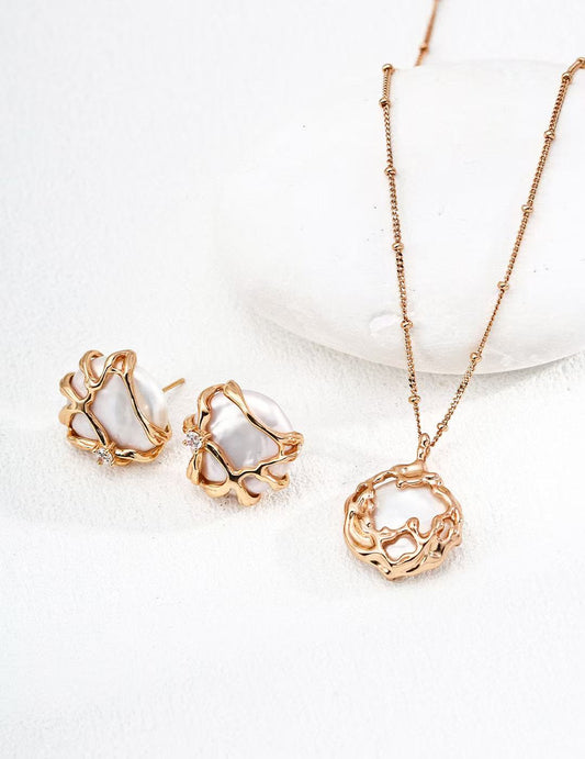 S925 Silver/gold plate/Natural round Baroque-shaped pearls earrings