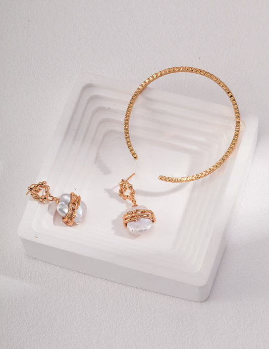 S925 Silver/gold plate/Baroque shaped pearls earrings, necklace
