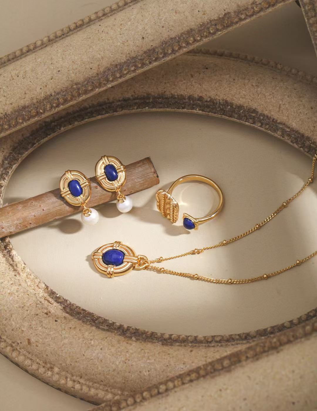 S925 Silver gold plated/Vintage blue Lapis Lazuli/Freshwater Pearl Earrings, necklace