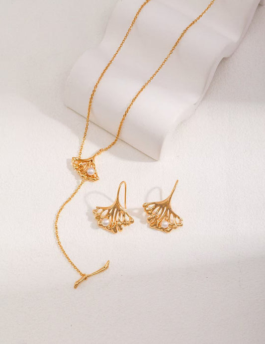 S925 Silver Ginkgo Leaf & Freshwater Pearl Necklace + Earrings Set