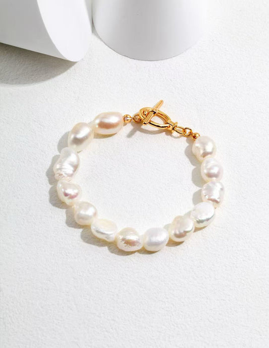 S925 Silver/gold plated/Baroque shaped pearls bracelet