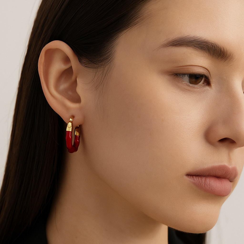 S925 Silver Red Glaze & Pearl White Hoop Earrings