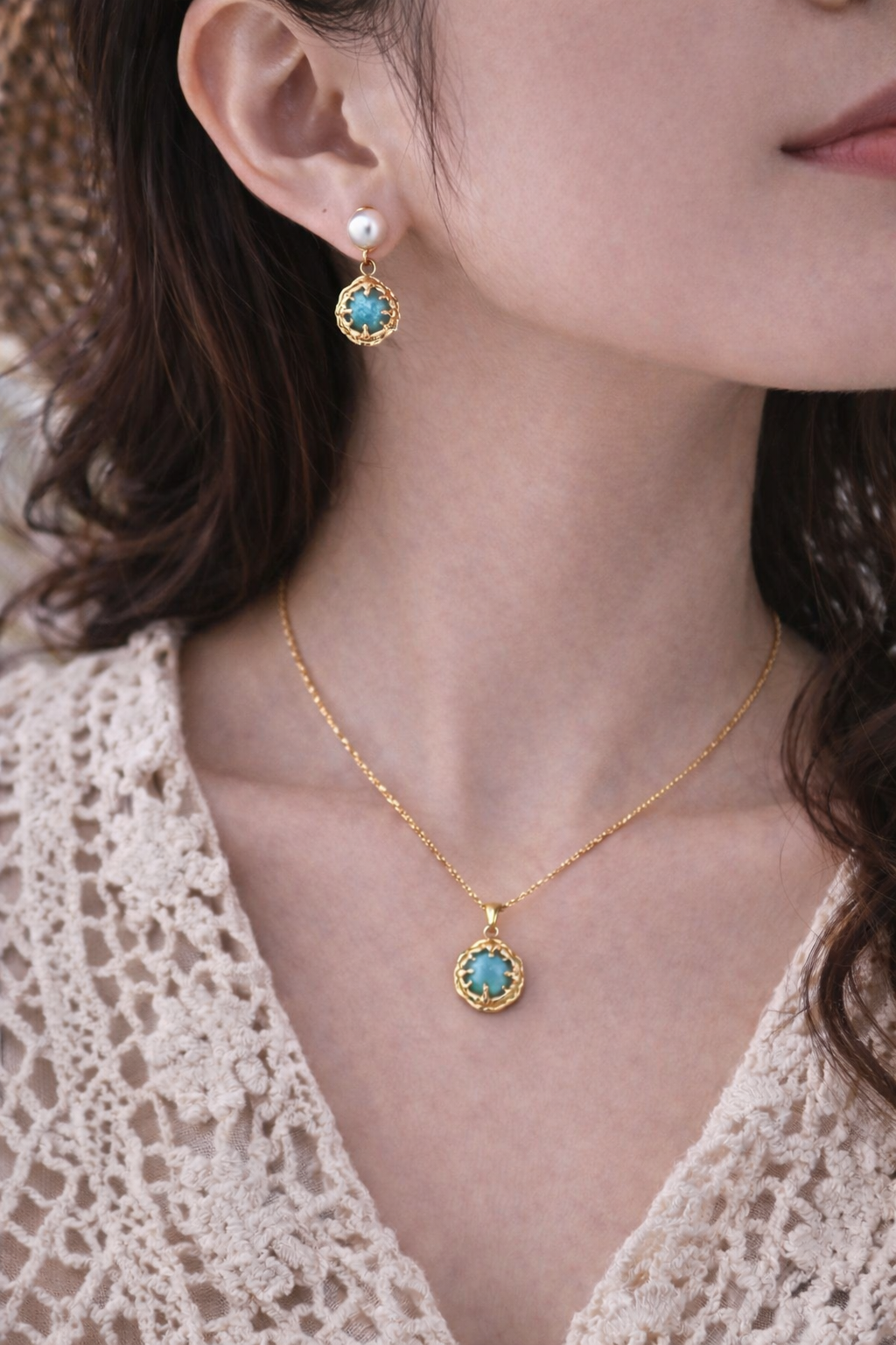 Vintage Turquoise & Tiger’s Eye Pendant & Earrings Set