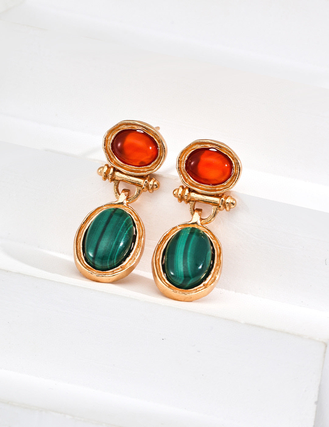 Verdant Ember Red agate meets green malachite earrings and ring
