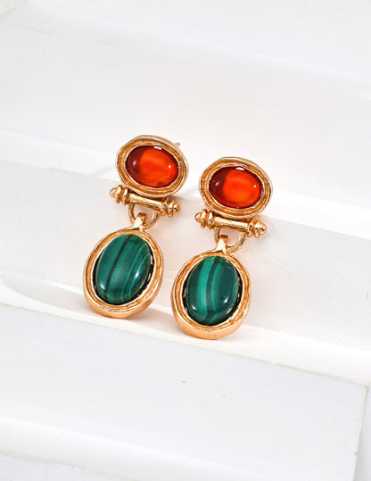 Verdant Ember Red agate meets green malachite earrings and ring