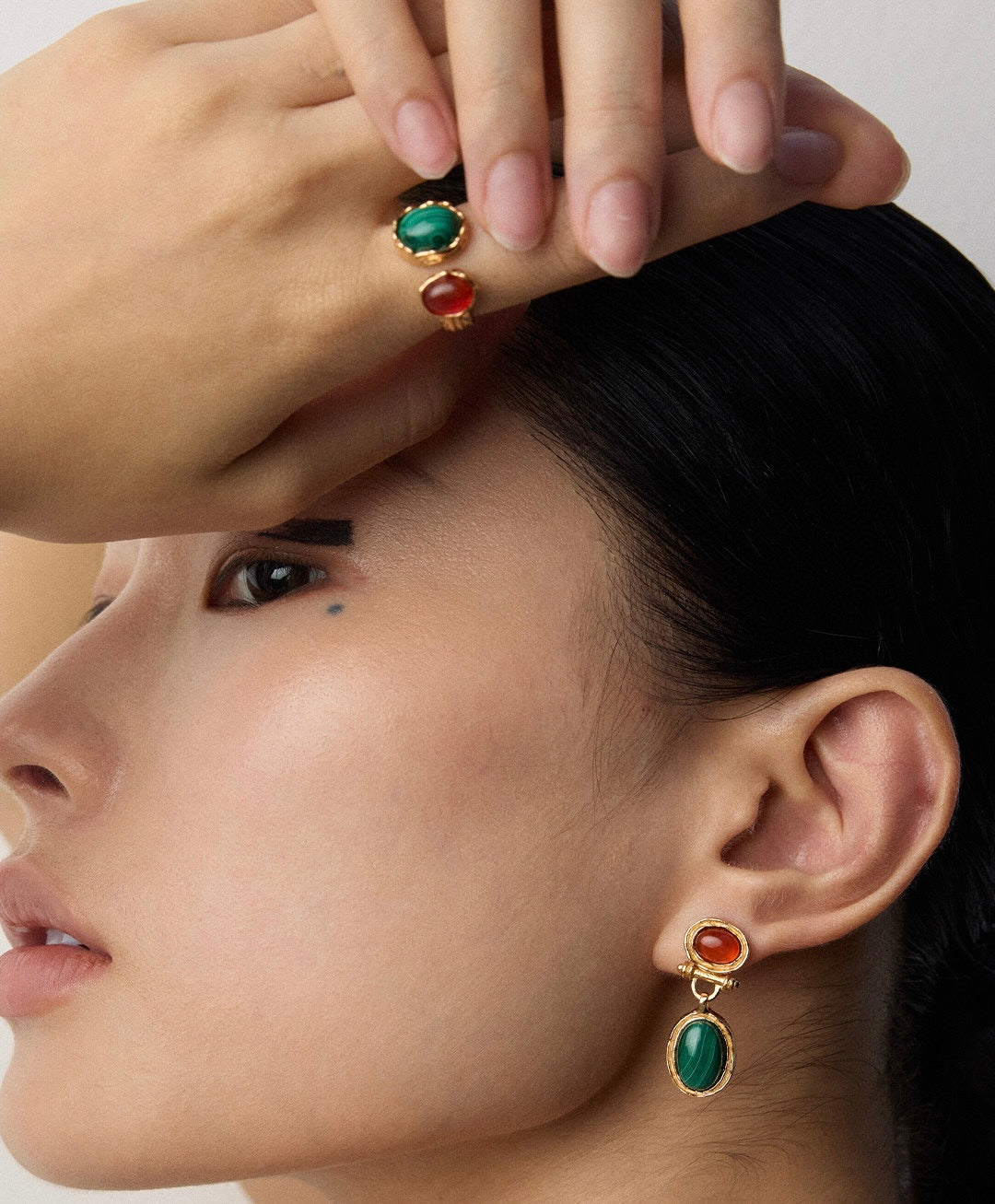 Verdant Ember Red agate meets green malachite earrings and ring