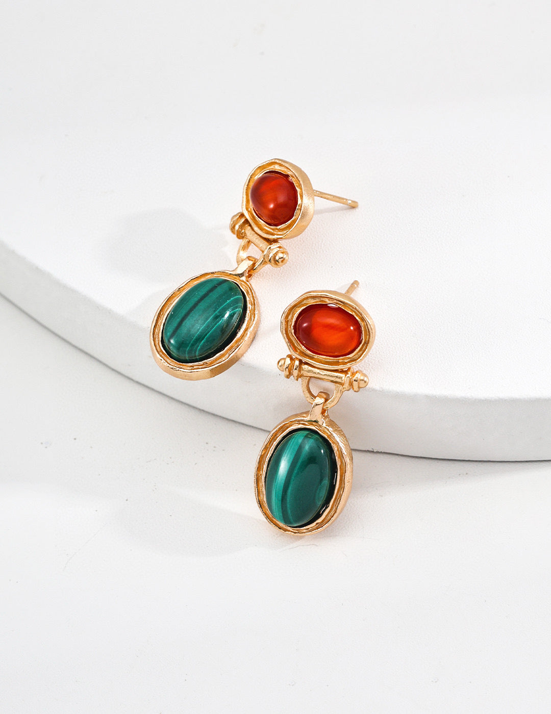 Verdant Ember Red agate meets green malachite earrings and ring