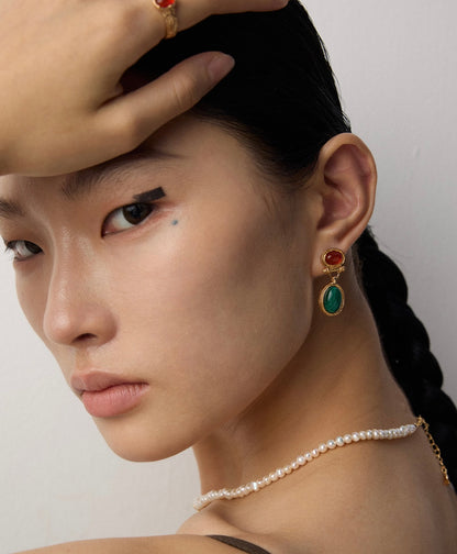 Verdant Ember Red agate meets green malachite earrings and ring