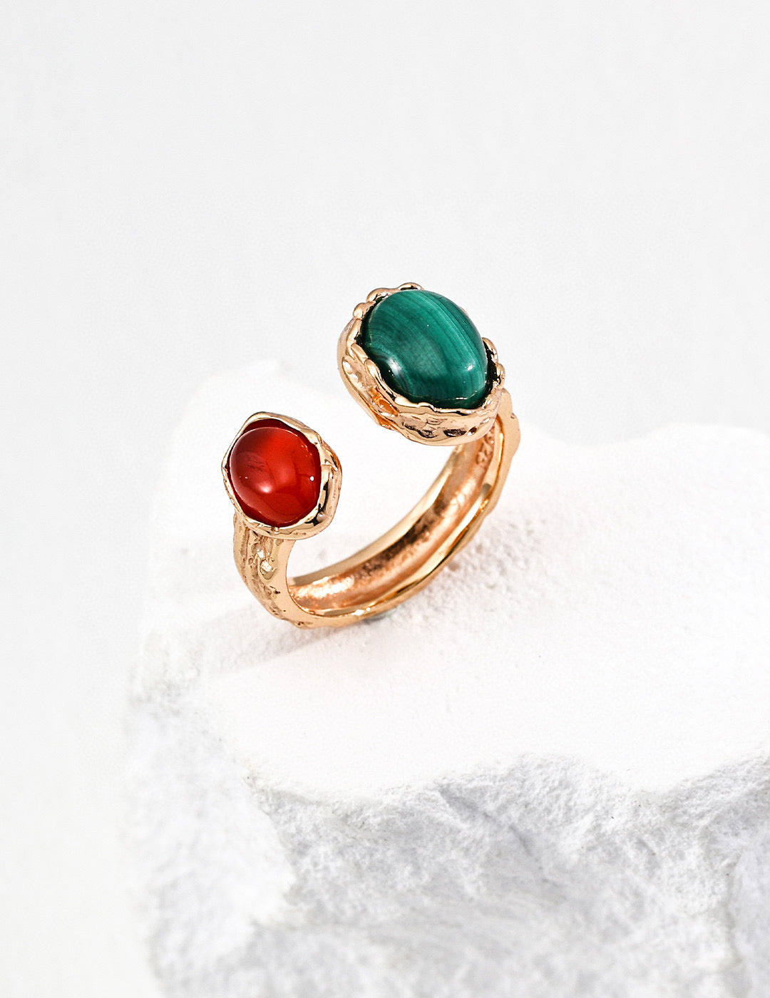 Verdant Ember Red agate meets green malachite earrings and ring