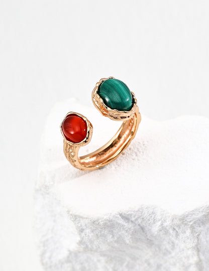 Verdant Ember Red agate meets green malachite earrings and ring