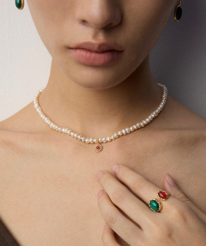 Verdant Ember Red agate meets green malachite earrings and ring