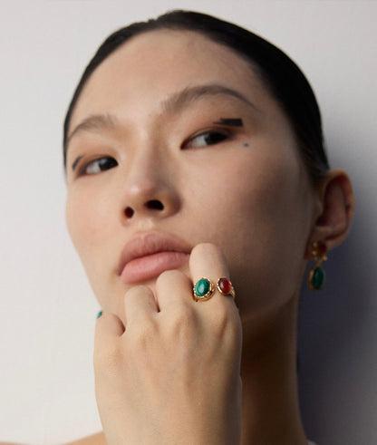 Verdant Ember Red agate meets green malachite earrings and ring