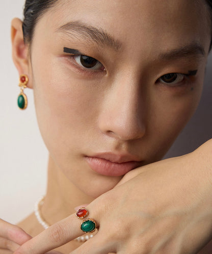 Verdant Ember Red agate meets green malachite earrings and ring
