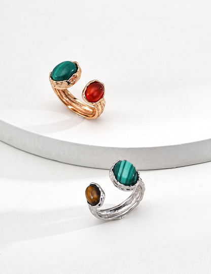 Verdant Ember Red agate meets green malachite earrings and ring