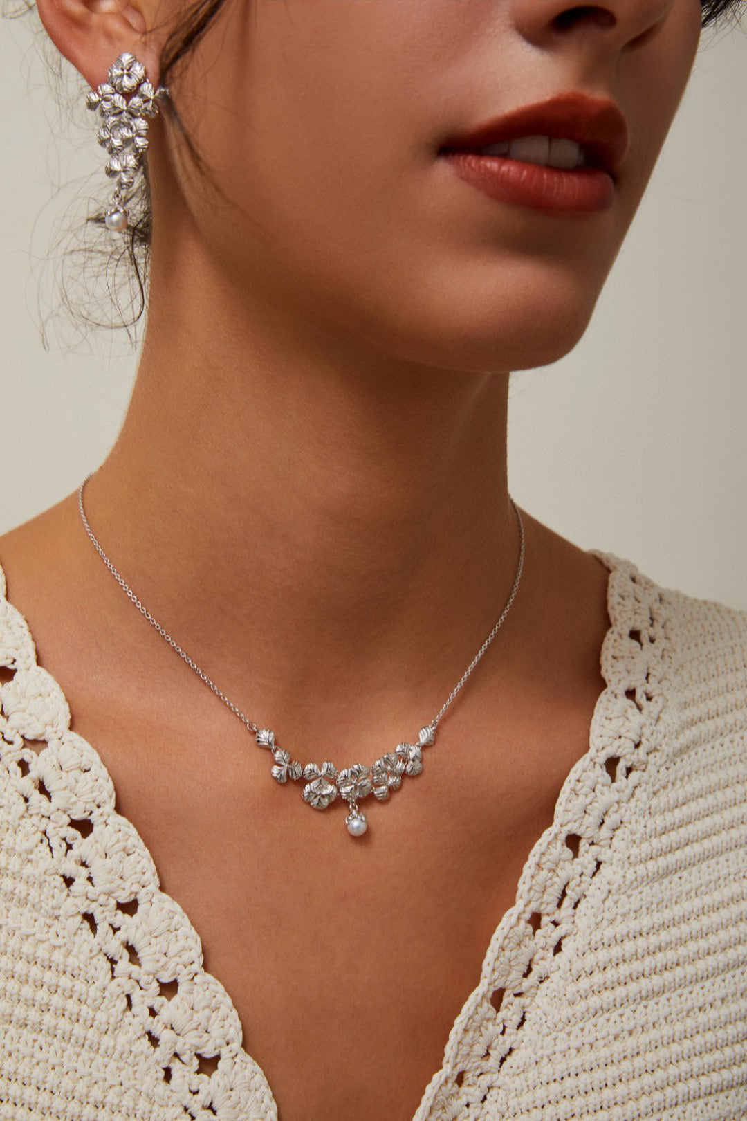 Starlight Garden S925 silver pearl necklace and earrings