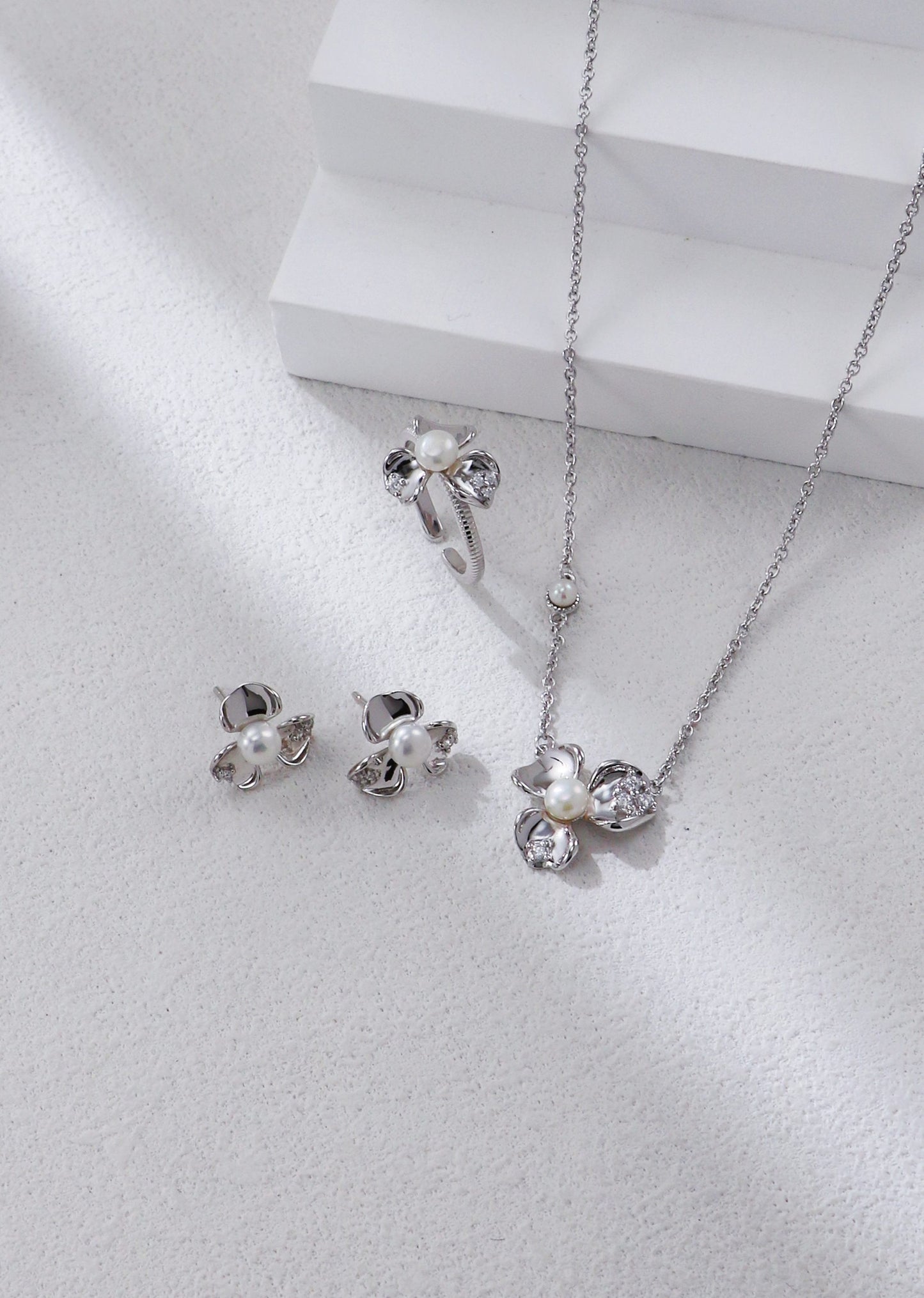 Pearl Blossom necklace earrings and ring