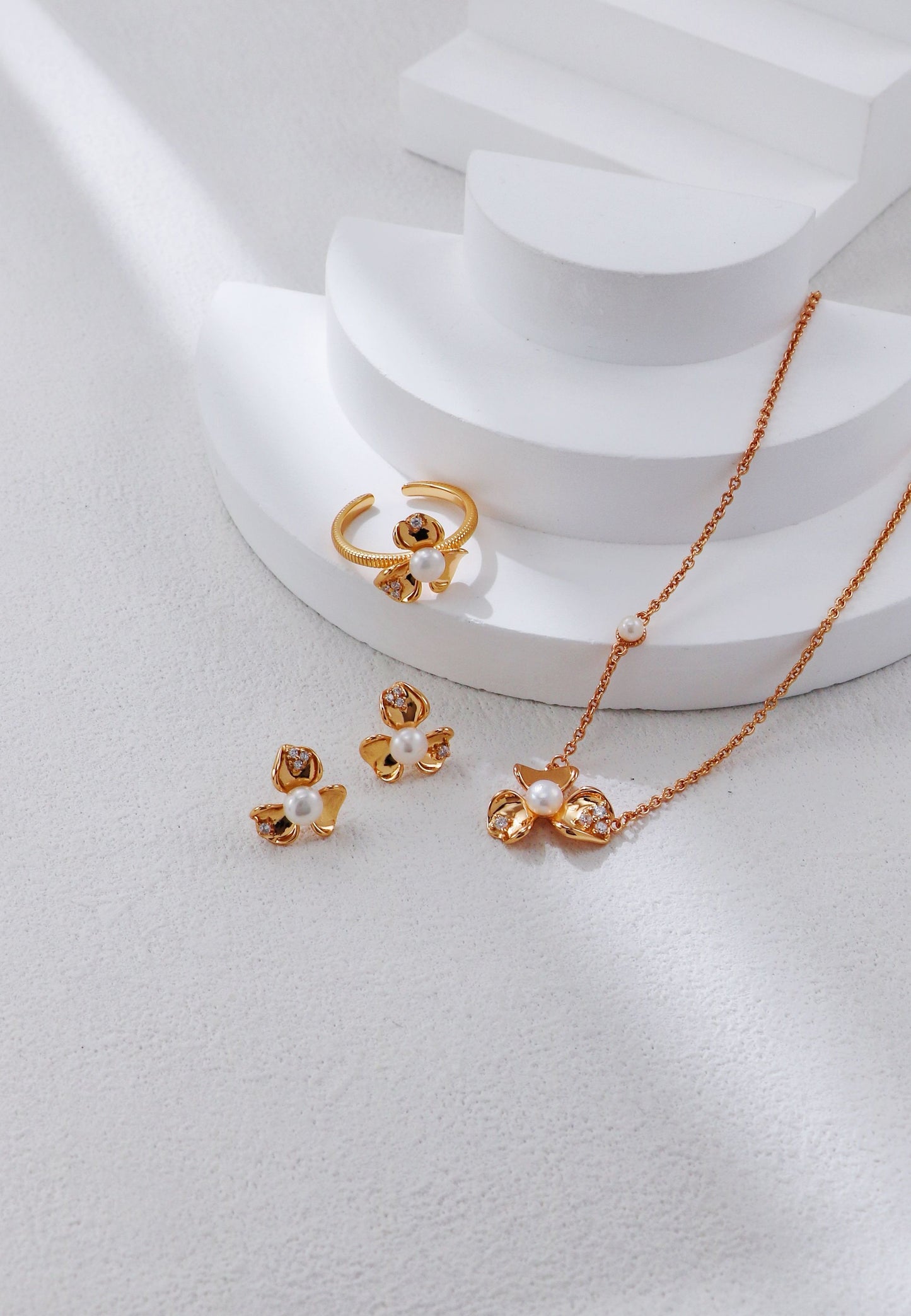 Pearl Blossom necklace earrings and ring