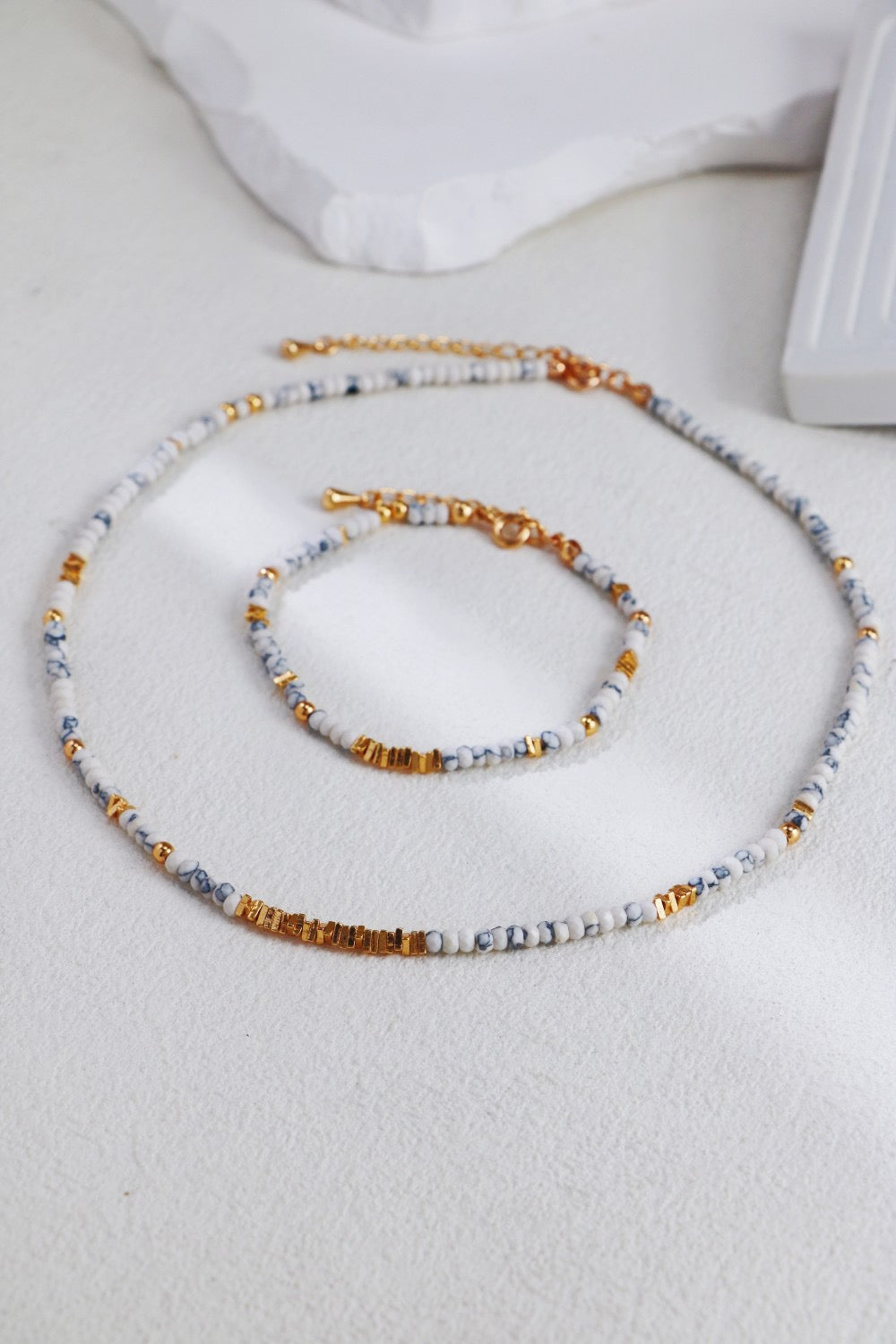 S925 Sterling Silver Gold-Tone White Turquoise Necklace & Bracelet Set