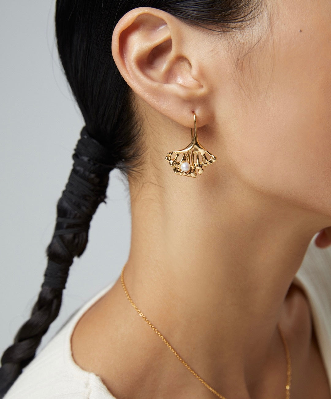 S925 Silver Ginkgo Leaf & Freshwater Pearl Necklace + Earrings Set