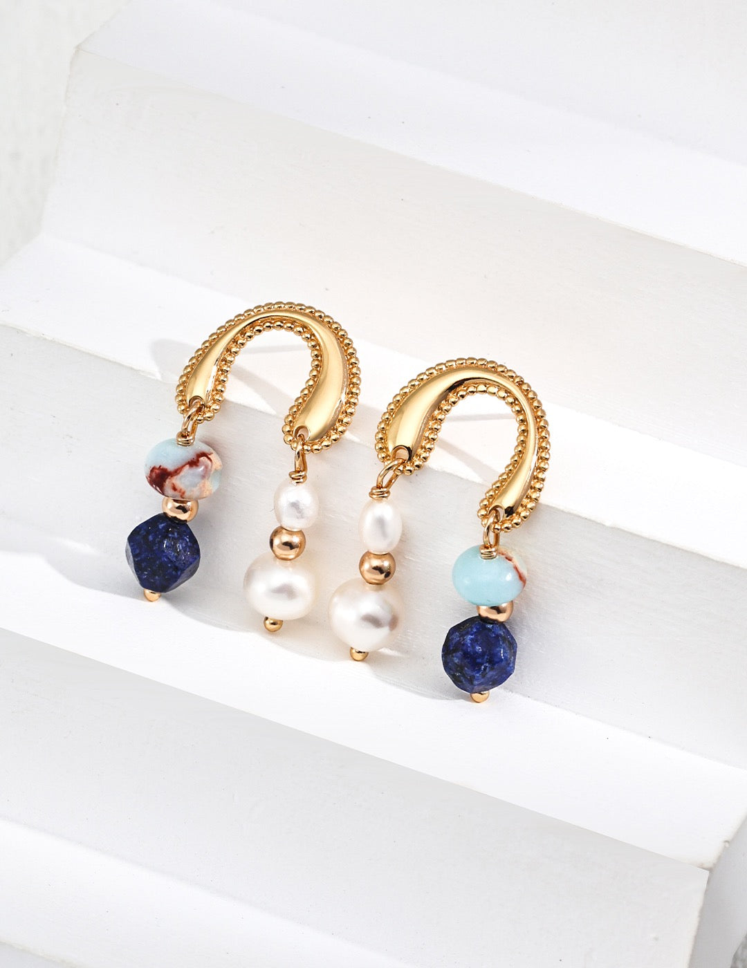Vintage Gold Gemstone & Pearl Drop Earrings