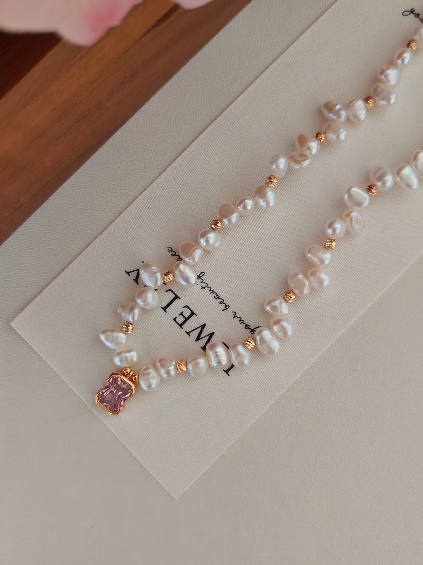 Pink Zircon & Natural Pearl Necklace
