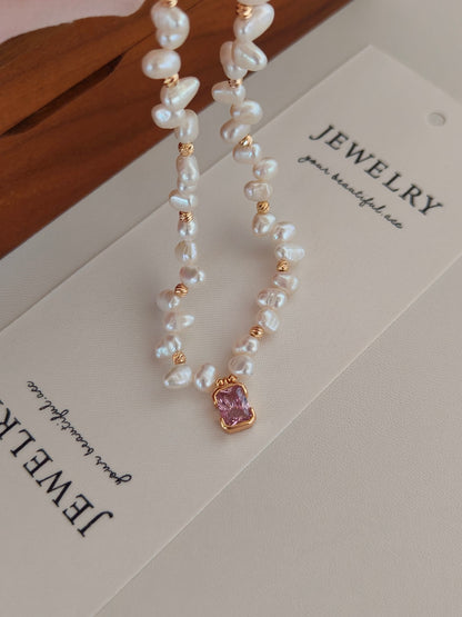 Pink Zircon & Natural Pearl Necklace