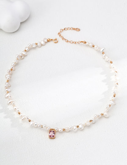 Pink Zircon & Natural Pearl Necklace