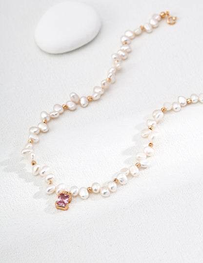 Pink Zircon & Natural Pearl Necklace