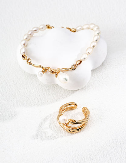 Golden Branch Pearl Necklace & Bracelet Set — Timeless Natural Beauty